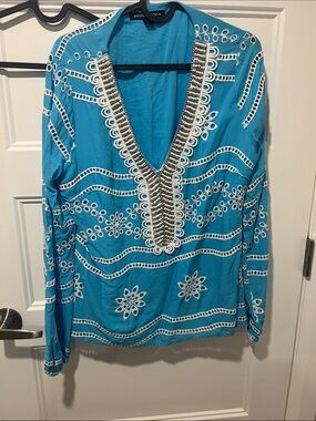 Boston Proper Turquoise Embellished V-Neck Tunic